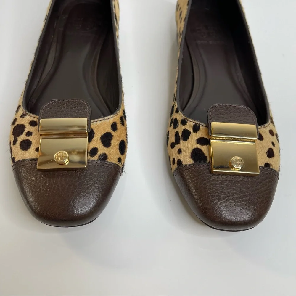 Tory Burch Priscilla Ballet Hair Calf Tumbled Leather Flat Cheetah Coconut Sz 8